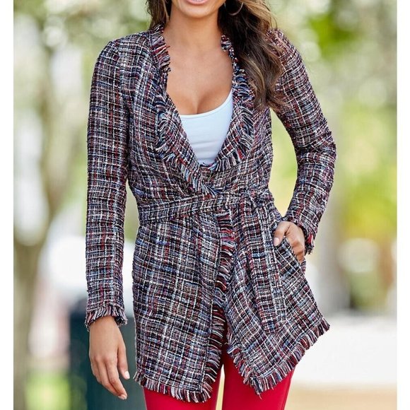 $149 NWT Boston Proper Tweed Tie Waist Jacket Size: XS - Picture 1 of 4